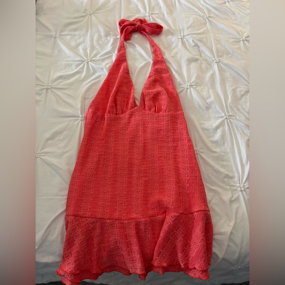 Coral Halter Mini Crochet Dress